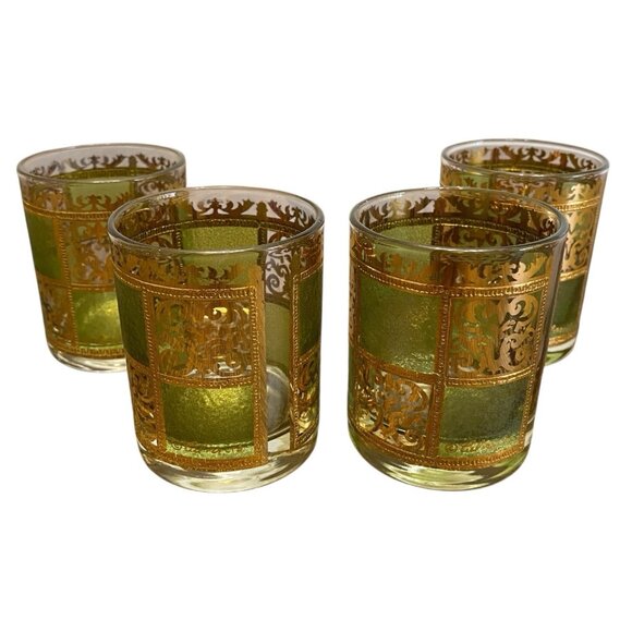 Vintage MCM Culver Prado Green Shot Glasses Lot Of 4 Signed 22k Gold Mid Century - Picture 1 of 12